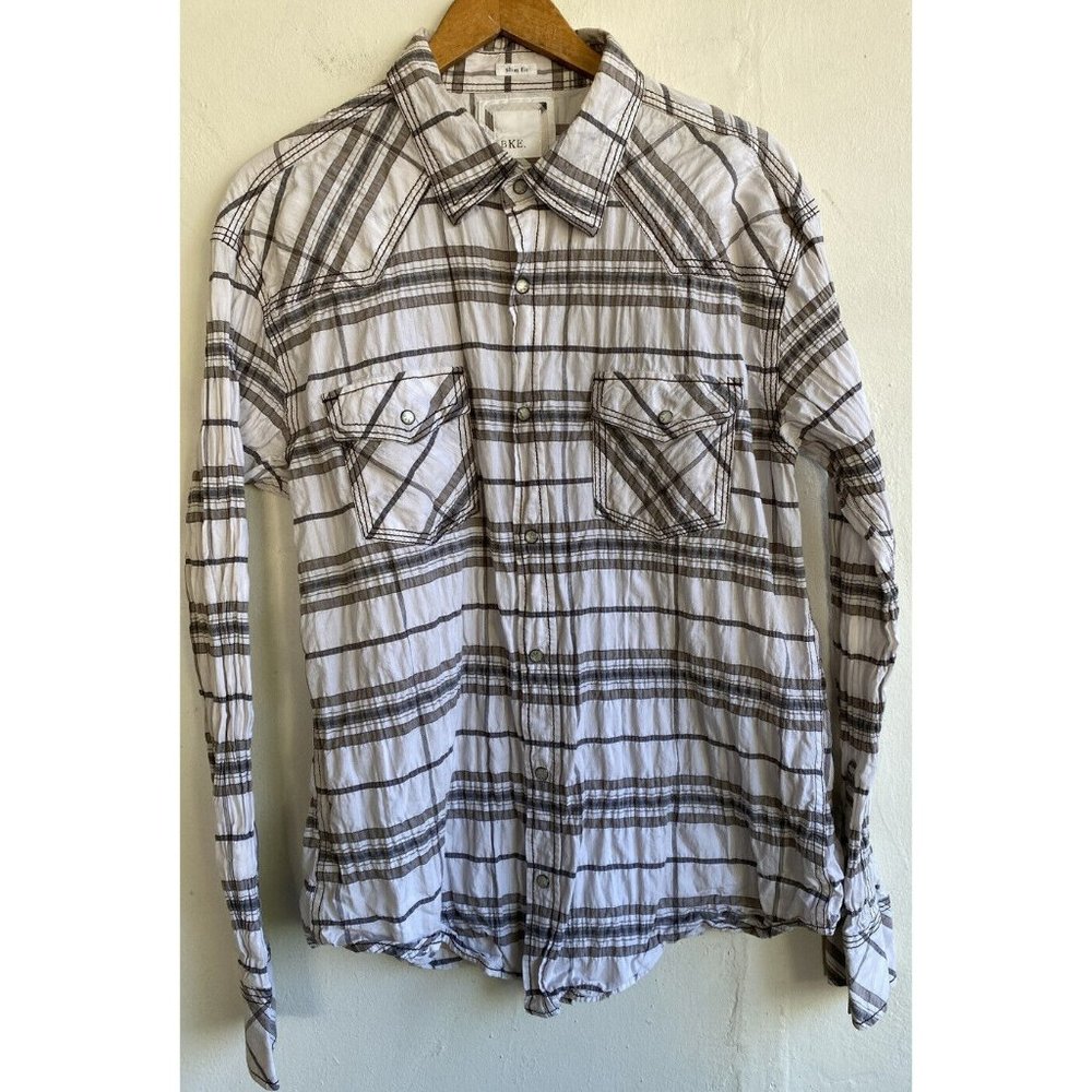 BKE Men's Shirt Pearl Snap Slim Fit Size XL Tan White Plaid Western Long Sleeve